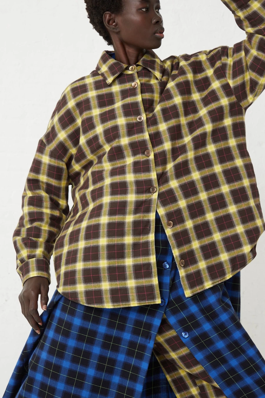 AVN Checkered Brown and Yellow Shirt Dress - Oroboro Padding Style