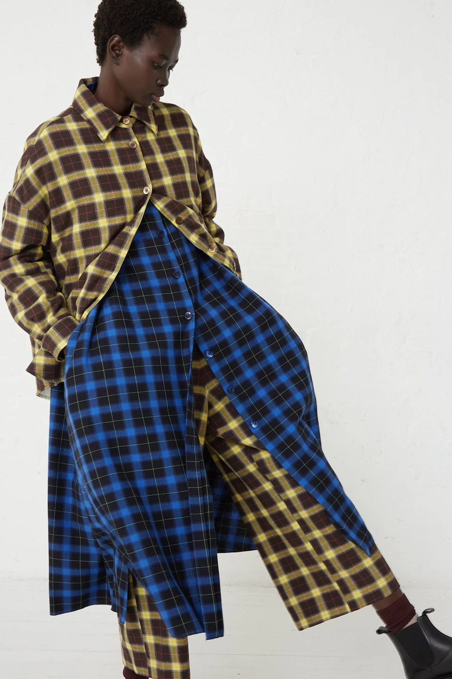 AVN Checkered Brown and Yellow Shirt Dress - Oroboro Padding Style