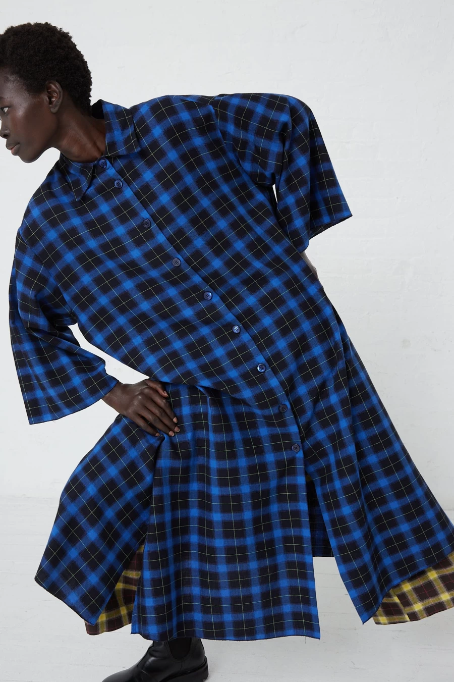 AVN Women's Check Print Kimono Dress in Navy, Blue & Lime | Oroboro Style