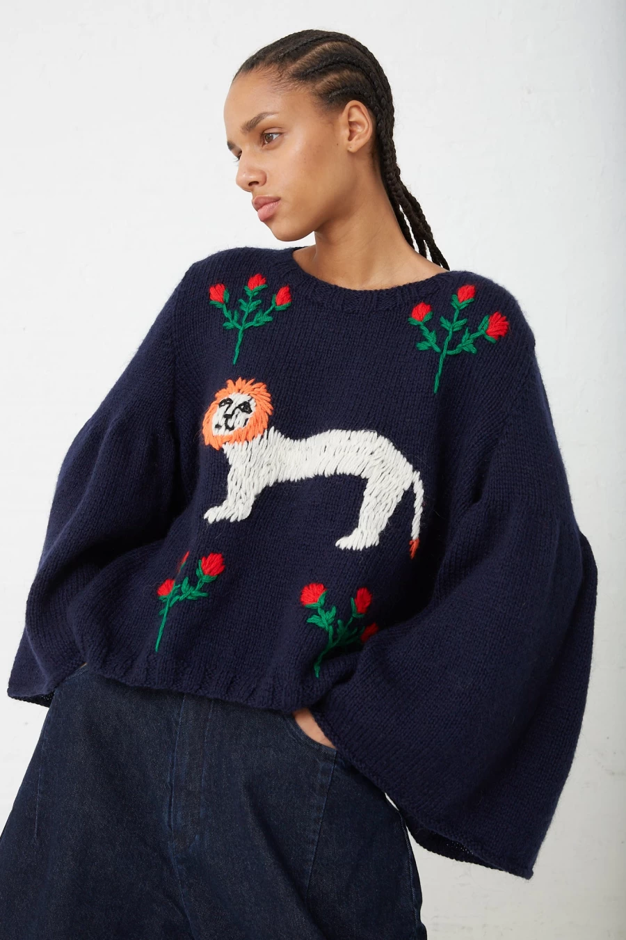 Sofio Gongli Navy Blue Lion And Fish Knit Sweater | Oroboro Collection