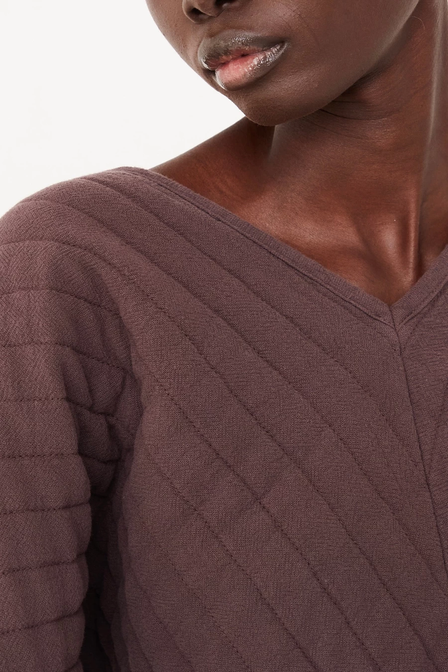 Black Crane Quilted V-Neck Top for Women - Plum Color Lightweight Jacket | Oroboro Collection